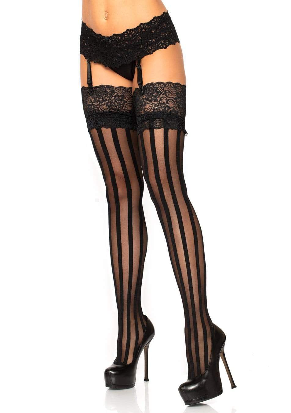 Leg Avenue Spandex Vertical Striped Stockings with 5 inch lace top