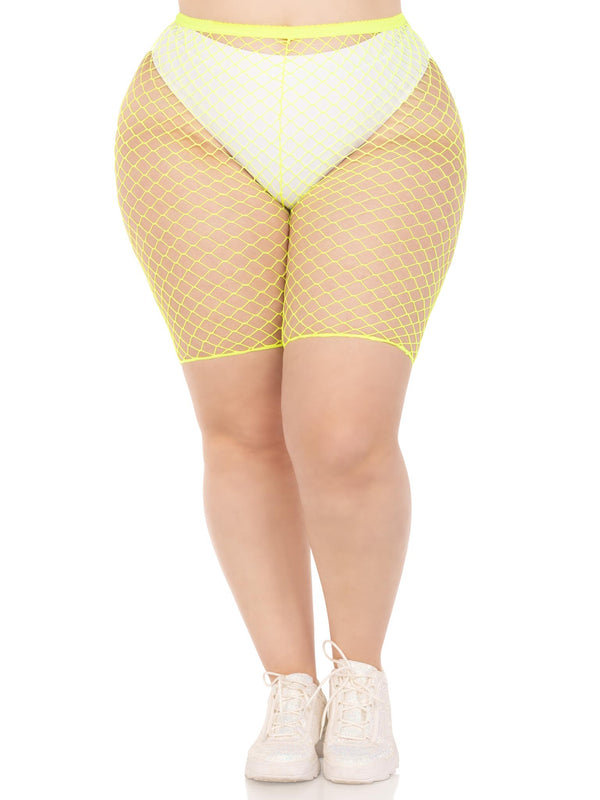 color_neon yellow | Plus Size Fishnet Biker Shorts