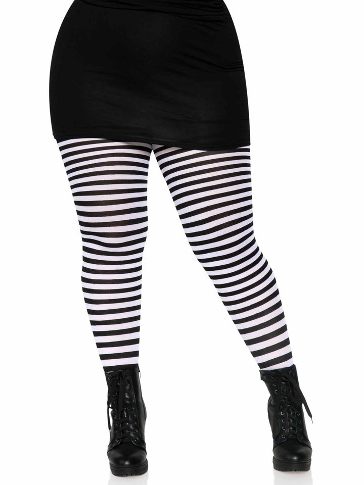 Womens Autumn Ankle Length Skinny Leggings Black White Horizontal Striped  Printing Pencil Pants Stretch Casual Tights 
