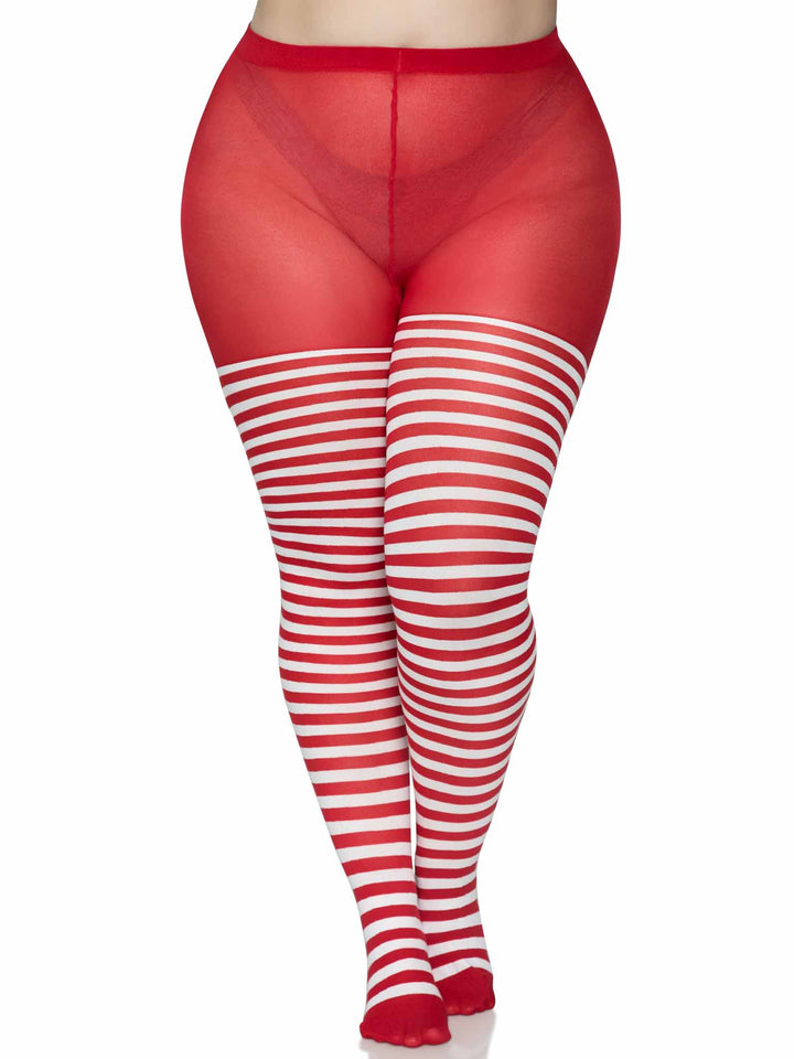 Leg Avenue Adult Striped Tights - White/Red (Queen 3X-4X)
