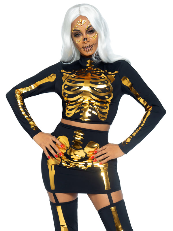 Halloween Sugar Skull Bodysuit Long Sleeve Thong Leotards