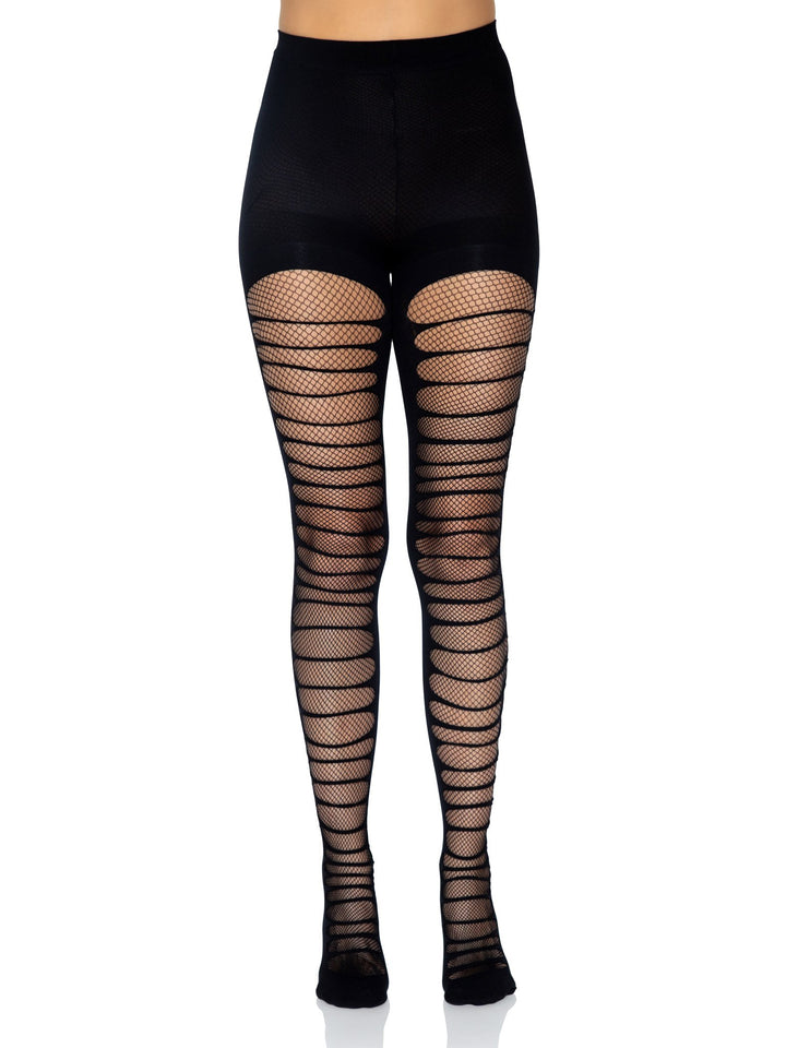 Double layered torn Forest green | Black fishnet tights