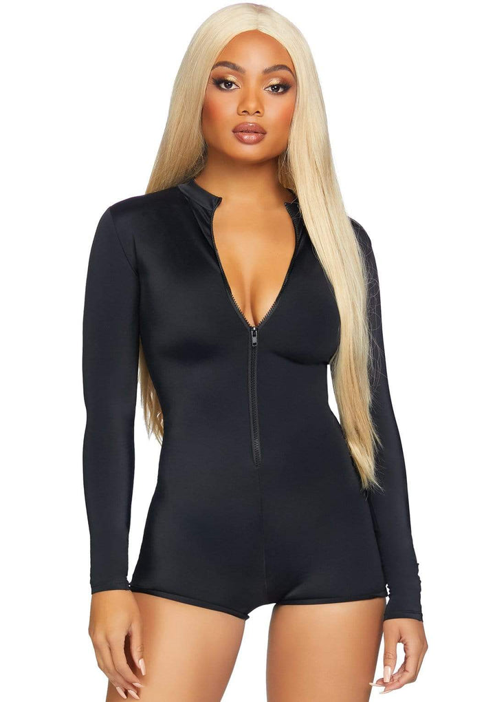 Leg Avenue long sleeve bodysuit with lace up front in black